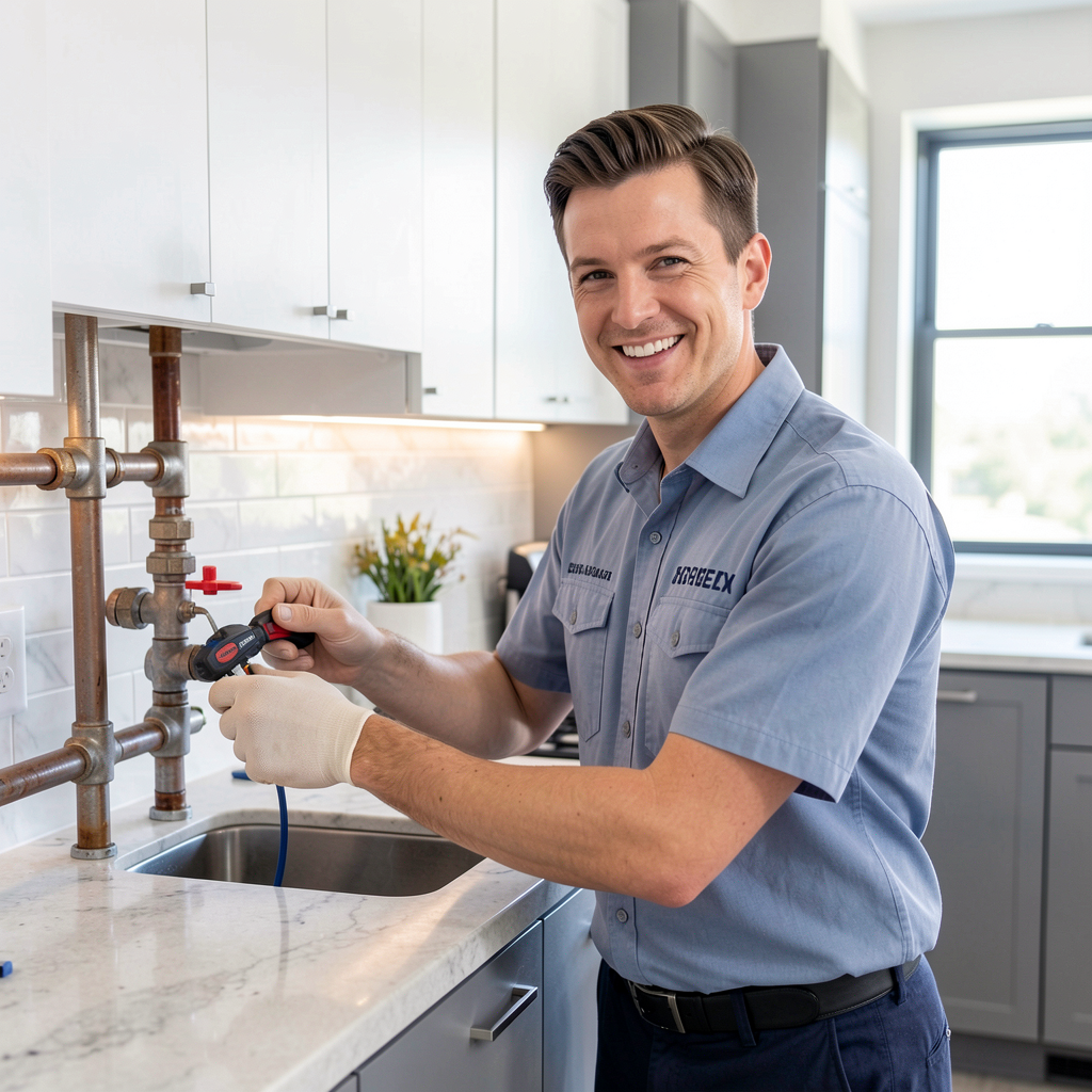 Professional plumber smiling